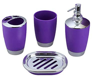 LucaSng Set di 4 Accessori da Bagno, Set Bagno Accessori Completo Set in Plastica Ecologica con Moderno Dispenser Sapone, Portaspazzolino, Tazza da Denti, Portasapone (Viola)