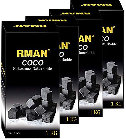 RMAN® 4 KG Kohle für Shisha Naturkohle Kokosnuss | 384 Würfel | Kohlen & Grillkohle bis zu 130 Minuten Brenndauer Premium Shisha Kohle