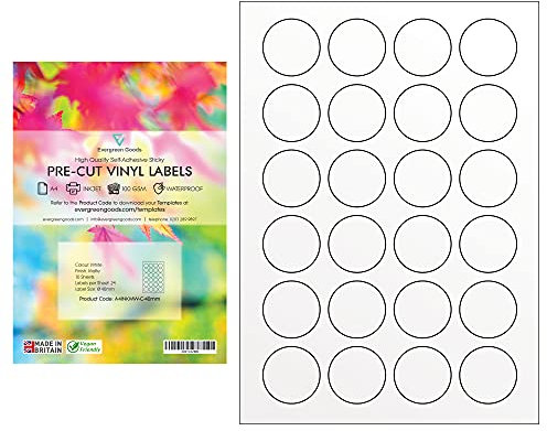 Evergreen Goods runde, vorgeschnittene Aufkleber, wasserfest, 40mm Ø (24 Etiketten pro Blatt, insgesamt 240) 10 Blatt | Tintenstrahl-Laserdrucker, selbstklebend, Vinyl
