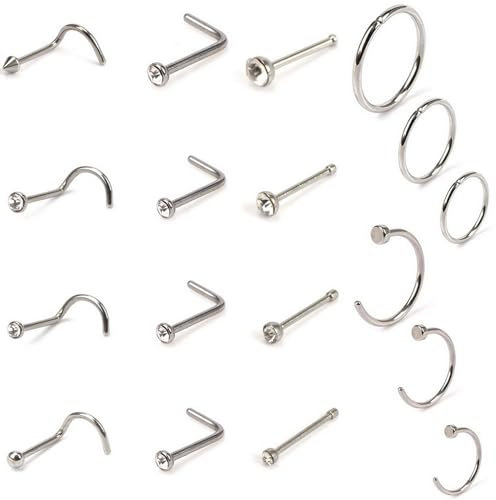 VANANA Nose Studs Rings Hoop Set, Surgical Steel Nose Studs Nose Screw Nose Hoop Rings CZ Nose Piercing Jewelry Women Men, Pack of 18 Pcs, Silver
