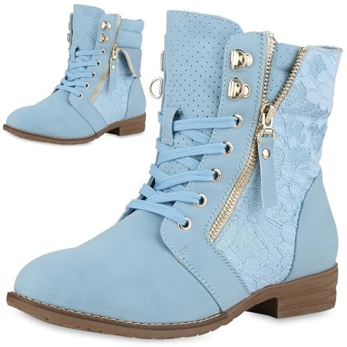 VAN HILL Damen Schnürstiefeletten Spitze Stiefeletten Zipper Worker Boot 610603 Hellblau 40