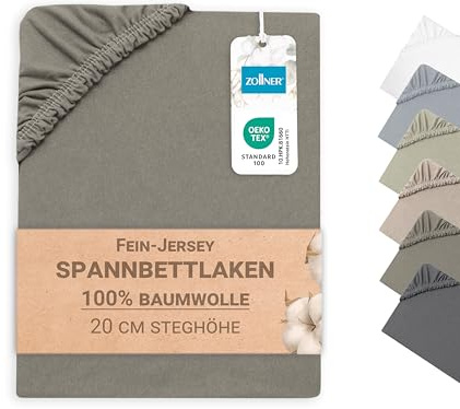 ZOLLNER Spannbettlaken in 100x200cm - Matratzenhöhe bis 20cm - Baumwolle - mit praktischem Gummizug - waschbar bis 60°C - in Taupe - Oeko Tex® Zertifiziert