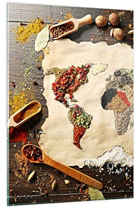 Bilder auf Glas Welt Karte Gewürze Farben Glasbild 50x70cm Wandbilder Dekoration Wohnzimmer Schlafzimmer Küche Deko Klein Wanddeko Bild im Glas Wand Kunstdruck Art Modern Wall Decor GPA50x70-2832