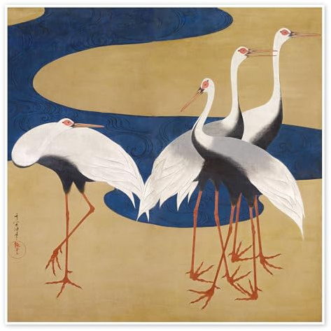 Kraniche Poster von Suzuki Kiitsu 70 x 70 cm Gold Wandbilder Wanddeko