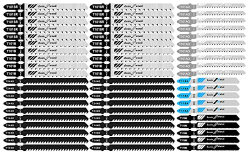 JAINGU Jig Saw Blade 60pcs T-Shank Jigsaw Blade for Wood Cutting HCS Steel Saw Blade T118A T118B T101AO T101B T101BR T144D T244D