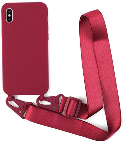 Leather Armor Handykette Hülle für iPhone X mit Band Halsband Lanyard (abnehmbar) Handyhülle,Handyhülle mit Verstellbarer Lanyard,Stoßfest Silikonhülle Handykette Handyhülle .-Rot