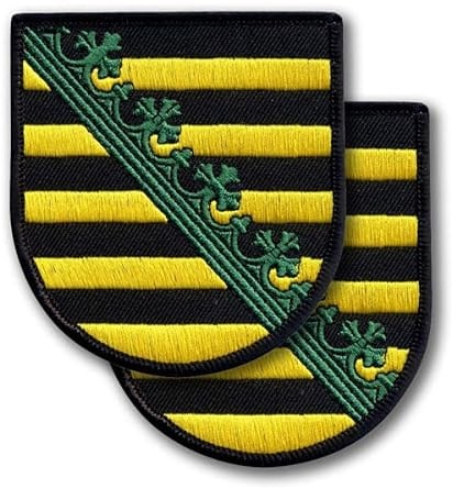 Patchion - Sachsen Wappen - 2er Set - Schildförmiger bestickter Aufnäher/Abzeichen/Emblem - 7,6 x 8,1 cm - schwarze VeIcro-Rückseite (Haken und Schlaufe)