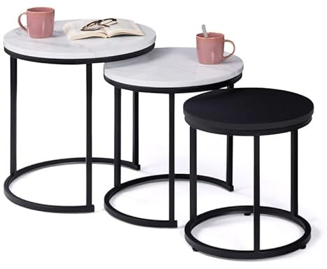 IDMarket - Lot de 3 Tables Basses gigognes Alaska Rondes 35/40/45 Effet marbre et Noir Pieds métal