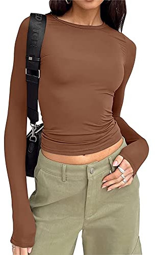 Women's Slim Fit Crop Tops Casual Solid Color Crew Neck Long Sleeve Tight T-Shirt Basic Blouse Tee Tops (Brown, S)