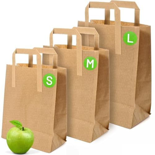 Brown Paper Bags with Handles - Large 12 x 10 x 5, 50 Pack, 80gsm Kraft Material, Takeaway Lunch Grocery Shopping Gift Party