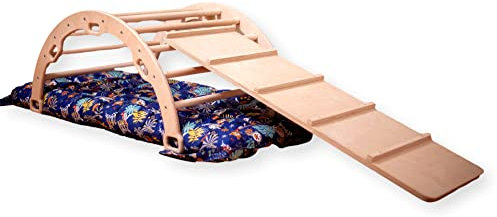 Klein Kletterbogen mit Leiter Rampe & Kissen | Montessori Klein Kletterbogen | Bogen Wippe aus Holz | | Montessori Kletterbogen mit Rampe & Kissen | Kletterbogen für Kletterspiel (Wald)