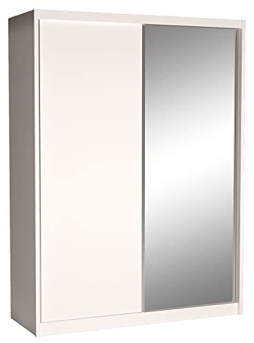 Cool24 Maciej II Kleiderschränke - Modern Schwebetürenschrank - Kleiderschrank mit Spiegel und Kleiderstange - Schlafzimmerschrank 180cm mit 12 Regale - Kleiderschrank Weiß - Schrank Schlafzimmer