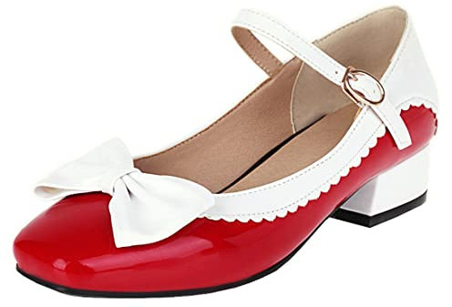 Etebella Damen Mary Jane Blockabsatz Pumps Lack mit Riemchen und Schleife Rockabilly Vintage Schuhe (Rot,37)
