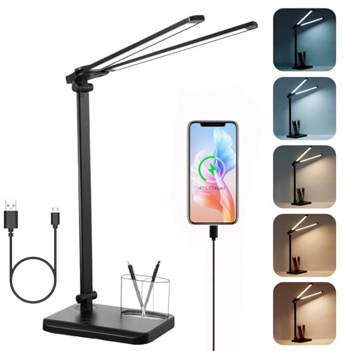 rigors Lampada da Scrivania Doppia Testa, 10 livelli di luminosità 5 modalità di illuminazione, Lampada da lavoro con porta di ricarica USB e Timer 45 minuti, Lampada da Tavolo per Ufficio, Monitor