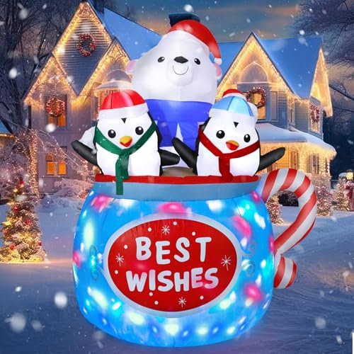 Wothfav 6FT Christmas Inflatables Outdoor Decorations, Inflatable Polar Bear and Penguins in Best Wishes Cup, Build-in LED Lights, Blow Up Outdoor Yard Decor for Garden Lawn Xmas Party