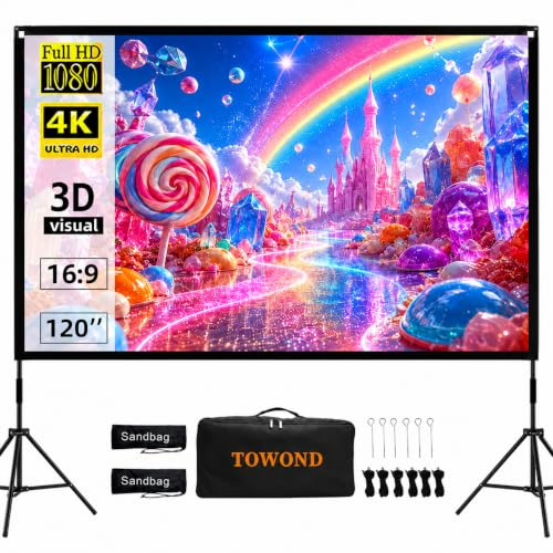 Projector Screen and Stand, Towond 120 inch Portable Movie Screen Indoor Outdoor 16:9 4K HD Front Rear Projection Screen with Carry Bag Wrinkle-Free and Foldable Design for Home Theater