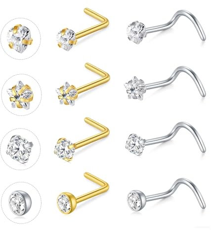 NIUSIMAN 18G Nasenpiercing Stecker Gold 8 Stück L Form Nasenpiercing Chirurgenstahl Bar mit Herz Stern Cubic Zirkonia Nasenpiercing Silber Kleine dünne Nasen Piercing Schmuck für Frauen Männer