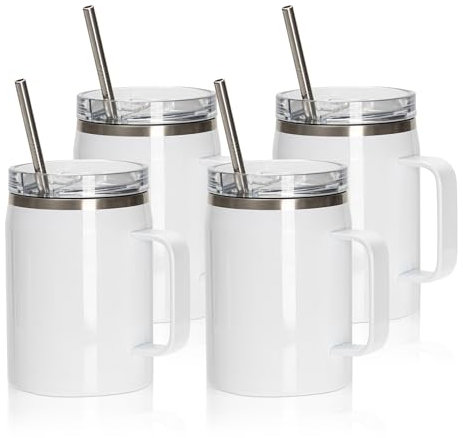 PYD Life Sublimation Mugs Tumblers Blanks with Handle Lid and Straw 30 OZ White Insulated Stainless Steel Jug Water Bottle with Handle for Sublimation Oven Printing 4 Pack
