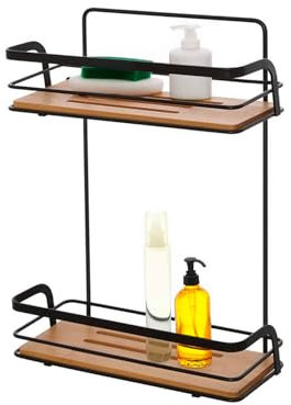 Avilia Mensola da Parete Rettangolare in Acciaio e Legno per Bagno, Design Nero e Marrone Elegante, 2 Ripiani, Salvaspazio e Versatile, 26x10x36cm - Ideale per Doccia e Accessori