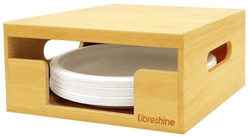 Libreshine Bamboo 8-10″ Paper Plate Holder with Lid and Handle, Stackable Air Fryer Liners Dispenser, Cabinet/Countertop Mountable, Essential Storage Organizer for Kitchen, Party, Picnic, and Office