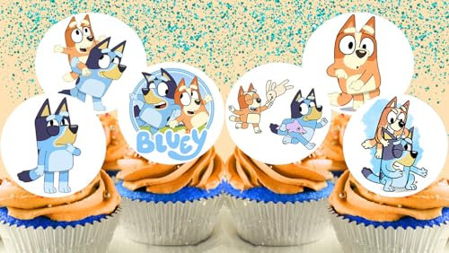 Anglesit Pre-Cut Bluey 2A Edible Stand up Wafer Paper Cupcake Toppers Cake Decorations Birthday Party Blue Dog (12)