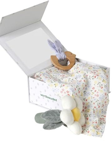 VERTBAUDET Geschenkset 3-teilig: Schmusetuch + Rassel + Bilderbuch Giverny TU