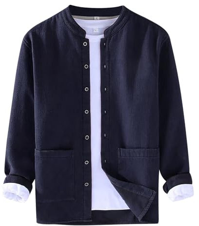 Men's Casual Cotton Linen Shirts Mens Shirts Long Sleeve Linen Collarless Casual Short Sleeved Shirts Yoga Tops Mens Linen Shirt Long Sleeve Grandad Shirt Black