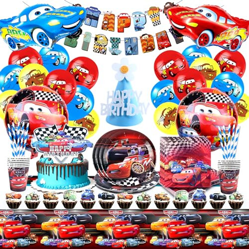 Car Birthday Decorations for Boys,100pcs Car Birthday Party Tableware,Car Party Supplies Include Car Balloons Banner Plates Napkins Tablecloths Car Cake Topper for 10 Guests