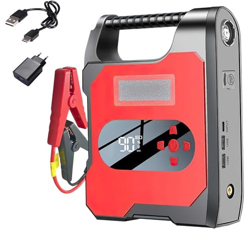 Booster Batterie, 6000A 32000mah Portable Jump Starter émarrage de Voiture 12V Dispositif de la Pompe à air avec Pinces de Sûreté Intelligentes Lampe à LED Port USB Charge Rapide (T1)