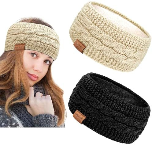 PROPOG Bandeau Cheveux Femme Hiver, 2 Pièces Tricot Cache Oreille Femme Doublure Polaire Bandeaux Mode pour Femmes Élasticité Peluche Headband Accessoires Cheveux Femme pour Course Exercice Ski