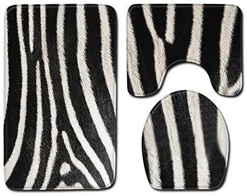 Bad Teppiche Set 3-Teiliges Schwarzes Beige Zebra WC Vorleger Mit Ausschnitt Badematte Saugfähig WC Deckelbezug Badvorleger rutschfest Waschbar Toilettensitzbezug Badgarnitur (50x80cm)