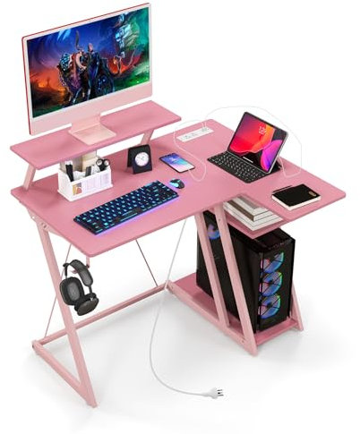 CASART L Shaped Gaming Desk with Power Outlet, 107cm Corner Computer Desk with Shelves, Home Office PC Workstation Modern Writing Table for Small Space Bedroom (Pink)