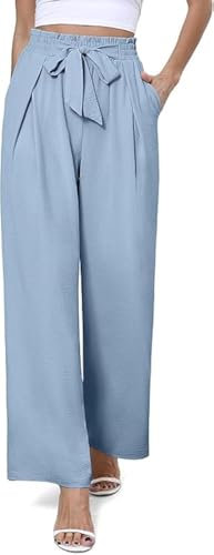 BEIGAI Damen Hose Casual Leichte Dehnbar Hohe Taille Hosen Elegante Einfarbig Weite Leg Hose mit Taschen,Graublau,M