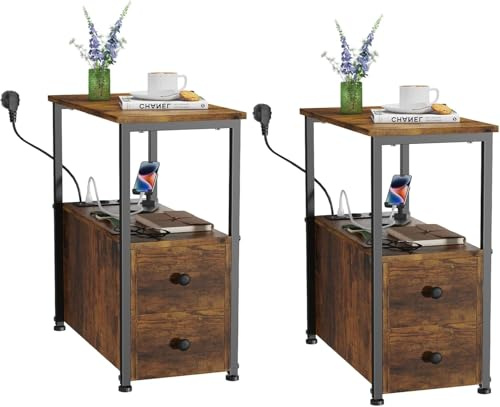 nwixbqoqn 2er-Set Beistelltisch mit Ladestation, Nachttisch mit Steckdose und USB, 2 Schubladen, Schmaler Nachttisch, Holzsofa-Endstück für Wohnzimmer, Schlafzimmer, Büro, Braun, 60X30X61cm
