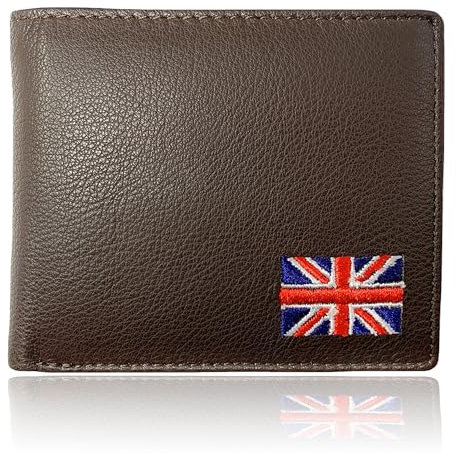 UJWallBlk Herren-Geldbörse, Leder, dreifach gefaltet, Union-Jack-Design, RFID-Blockierung, echtes Leder, Geldscheinfach mit Münzfach, Anti-Scan-/Betrugssicher, kontaktloser Kartenschutz, Dunkelbraun,