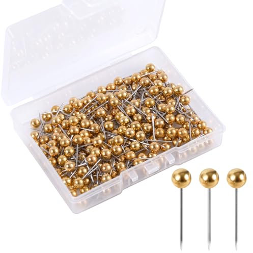 200pcs Punaises Carte, Punaises à Tête Ronde pour Carte de Voyage Petites Push Pins pour Tableau en Liège Tableau d'Affichage Photo Maison Bureau École Bricolage (Or)