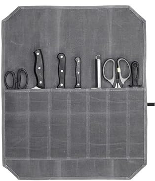 CLKE Chefs Knife Roll Bag,12OZ Waxed Canvas Knife Bag, 7 Slot Chef Bag Large Capacity Easy Carry, Tool Roll Cutlery Tool Case for Pro Chefs or Culinary Enthusiasts,Gifts for Men Dad Father,Grey