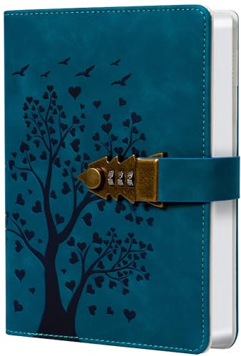 HwxBen Carnet en cuir PU avec serrure à combinaison, motif arbre en cœur, bleu paon, format A5, 244 pages, avec porte-stylo, poche intérieure et marque-page, idéal pour écrire ou offrir