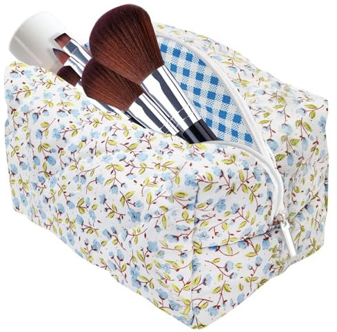 LUHOCIY Kosmetiktasche Blumen, Gesteppte Kosmetiktasche, Make Up Tasche, Make Up Bag, aus Weichem Baumwollmaterial it Reißverschluss zur Aufnahme Verschiedener Schminkutensilien