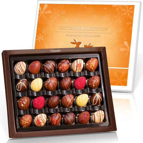 Pralinenbote Genussmanufaktur - Osterpralinen Geschenkbox – 24 handgefertigte Pralinen-Ostereier (300g) aus deutscher Chocolatierkunst, edle Schokolade, Premium Ostergeschenk für die Familie