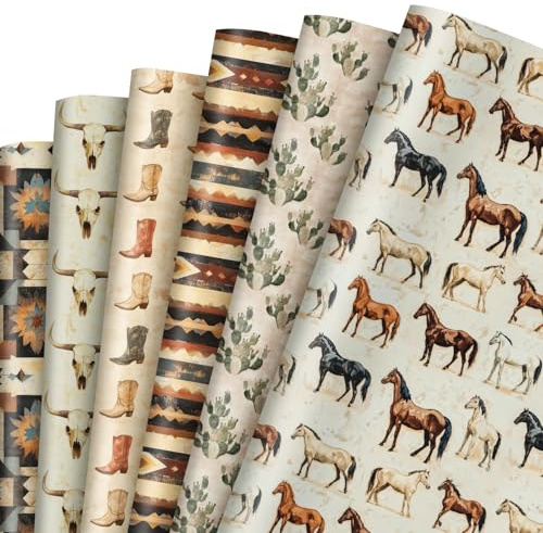 FYSUIMU 12 Blatt Western-Cowboy-Geschenkpapier – keine Rolle – Vintage Kuh Pferd Kaktus Geschenkpapier flach gefaltet für DIY Handwerk Wilder Westen Rodeo Geburtstag 19,7 x 27,6 Zoll