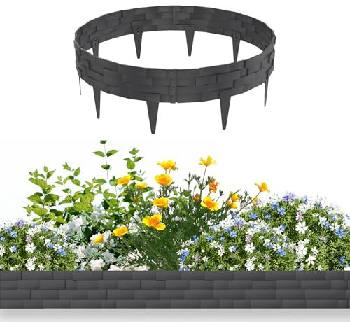 MAYTIIMO Dekorative Beeteinfassung 5m Gartenpalisade aus Kunststoff in Stein-Optik, Rasenkante & Beetbegrenzung, 5 Elemente à 100cm, Anthrazit, ideal für DIY Garten und Rasenprojekte
