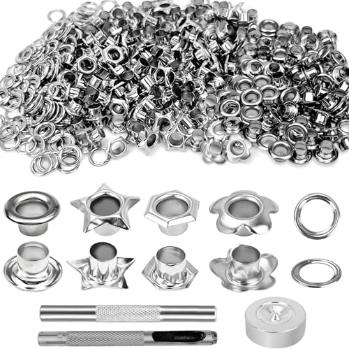 200 occhielli in metallo, 5 mm, kit di attrezzi per noccioli di perline, occhielli con rondelle, occhielli in metallo con attrezzi per l'installazione, rondelle, per artigianato in pelle
