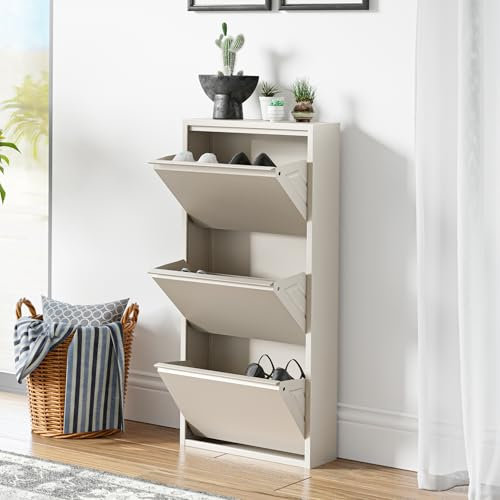 [en.casa] Schuhschrank Sokndal Schuhkipper mit 3 Klappen Metall Schuhkommode für 6 Paar Schuhe 104 x 50 x 15 cm Pfefferweiß