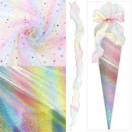 TZEKING Nähset für Schultüten,Inklusive Hologramm 2 Wege Stretch 100×150cm,Tüllstoff Glitzer 100×150cm,Organza Bänder 100cm,Dekostoff für Schultüte Kleidung Handwerk Geburtstag Partydeko Homedeko