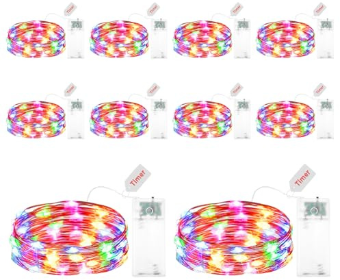 Kaleora 10 Stück Lichterkette Batterie Timer, 2M 20 LED Micro Kupferdraht Lichterketten Batteriebetrieben, Bunt Micro Lichterkette Draht für Weihnachten Hochzeit Kinderzimmer Party Innen Außen Deko