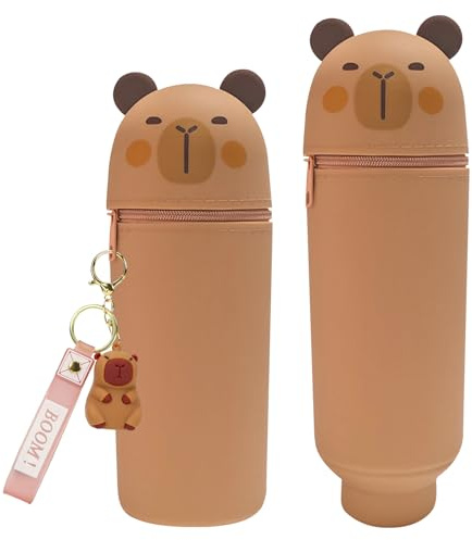 Trousse 2 en 1 en silicone souple avec porte-clés, design télescopique réglable en hauteur, trousse Capybara Kawaii, fonction support et fermeture éclair, en silicone souple, pour filles et garçons