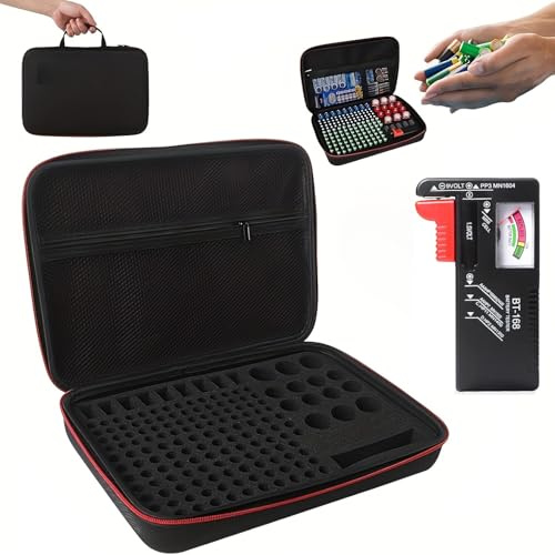 Caja de transporte para organizador de pilas con comprobador de batería de 1,5 V 9 V, soporte para 220 pilas AA AAA AAAA 9 V C D litio 3 V (sin pilas) (negro)