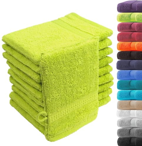 Loomiva 10er Set Waschhandschuhe Waschlappen | 16x21 cm | Apfelgruen | Premium Qualität | 500g/m² | 100% Baumwolle | ideal für Reisen & Gym und Sport | Öko-TEX Standard 100