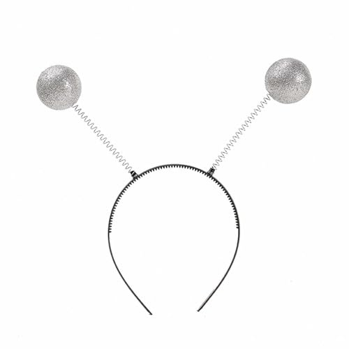 Alien Haarreif in silver, Faschingskostüm Halloween Kopfschmuck mit 2 runden schwingenden Glitzer Disco Kugeln, kopfschmuck Accessoire Karneval Fasching Haarschmuck Deko für Damen, Herren Kinder